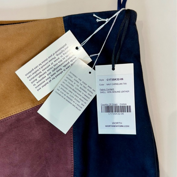 Worth New York, colorblock suede skirt navy/maroon/tan. Size 6, front kick. NEW! - Picture 4 of 10